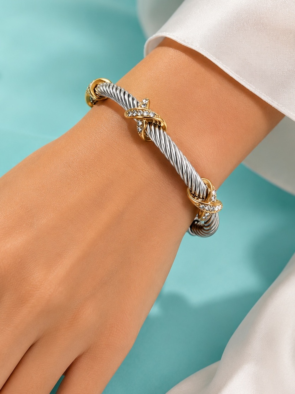 Classic Two-Tone Twisted Cable Bangle Bracelet